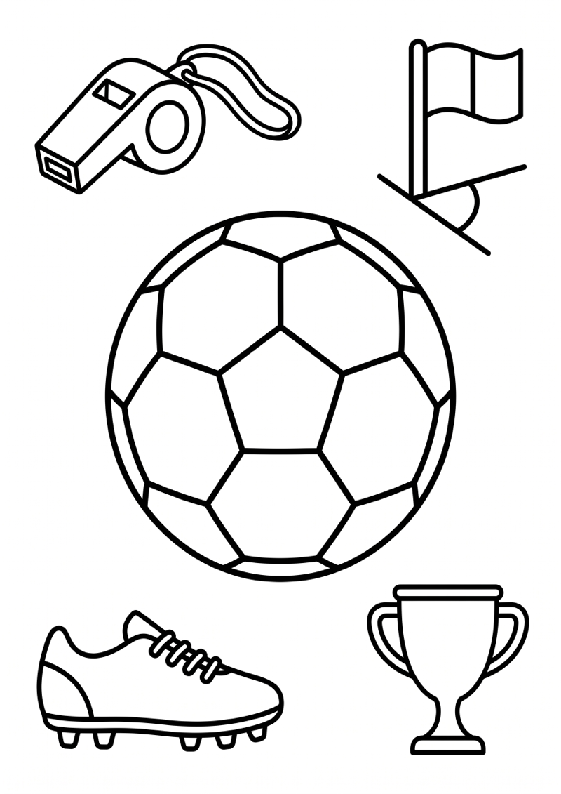Grote Voetbal met Iconen Eromheen Kleurplaat — gratis kleurplaat printen