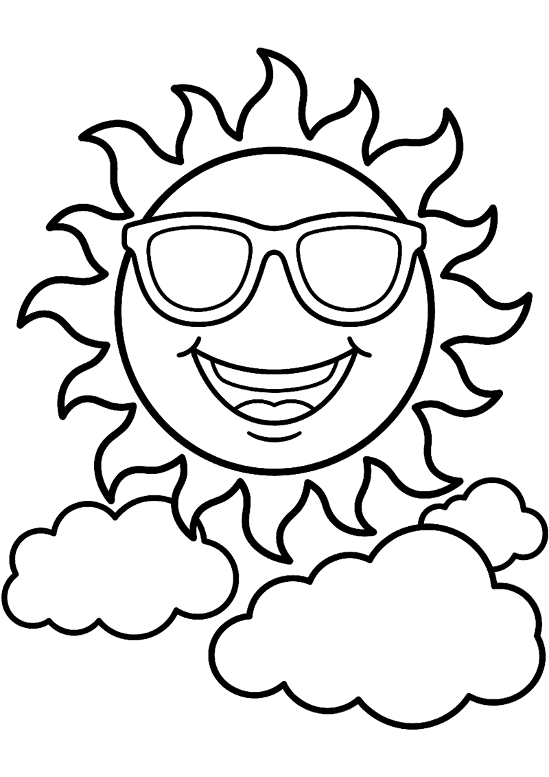 Grote Zon met Zonnebril en Wolkjes Zomervakantie Kleurplaat — gratis kleurplaat
