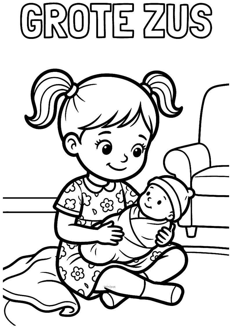 Kleurplaat van een meisje met staartjes en bloemetjesjurk dat een baby met mutsje vasthoudt, met de tekst Grote zus
