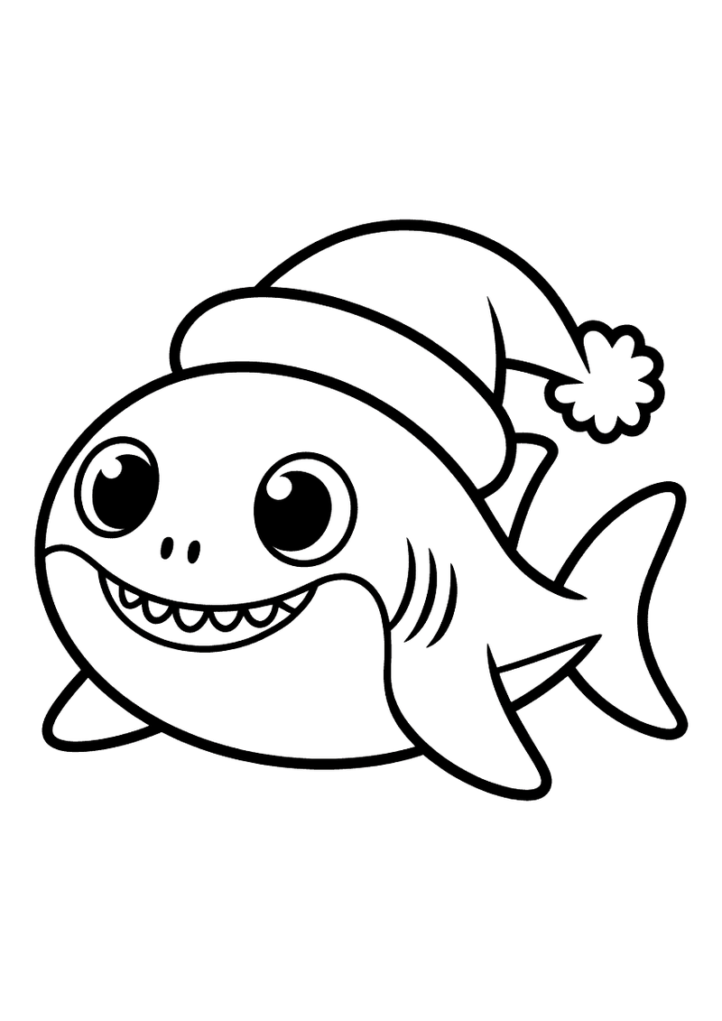 Kleurplaat van een vrolijke baby haai die zwemt met een grote rode kerstmuts met pompom op zijn hoofd