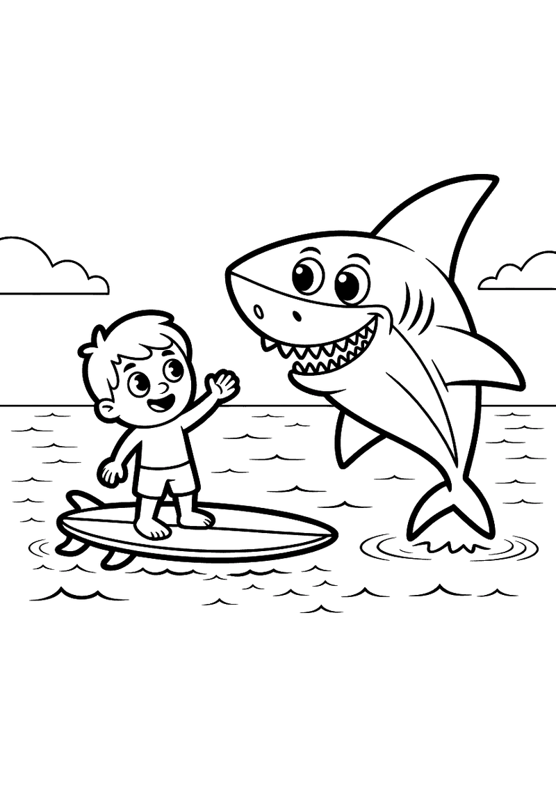 Kleurplaat van een grote lachende haai die naast een jongen op een surfplank uit het water oprijst met golven en wolken