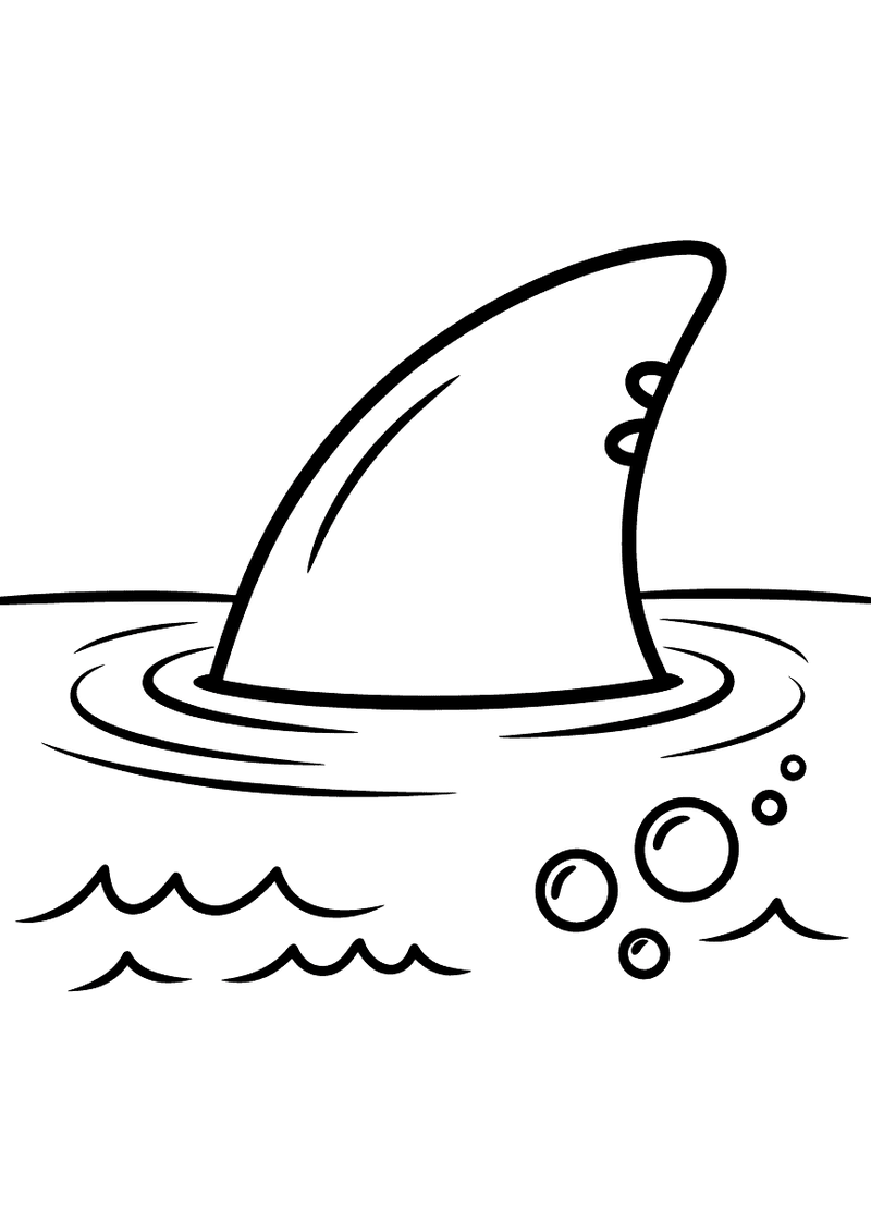 Kleurplaat van een grote driehoekige haaivin die boven het wateroppervlak uitsteekt met rimpels, golven en zeepbellen