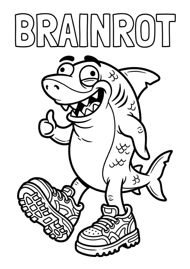 Haai met Sneakers Brainrot Kleurplaat — gratis kleurplaat printen