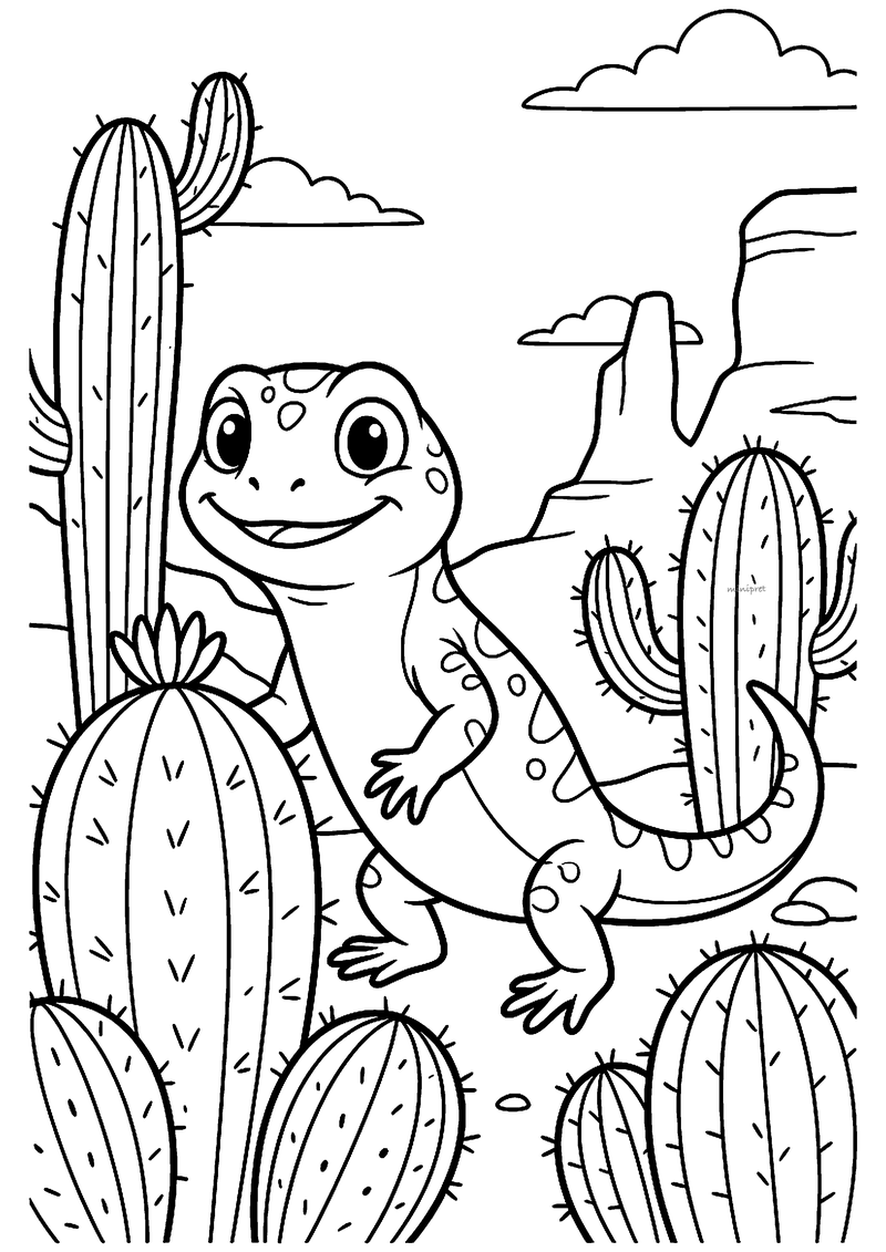 Kleurplaat van een lachende gevlekte hagedis tussen stekelige cactussen in de woestijn met rotsen en wolken