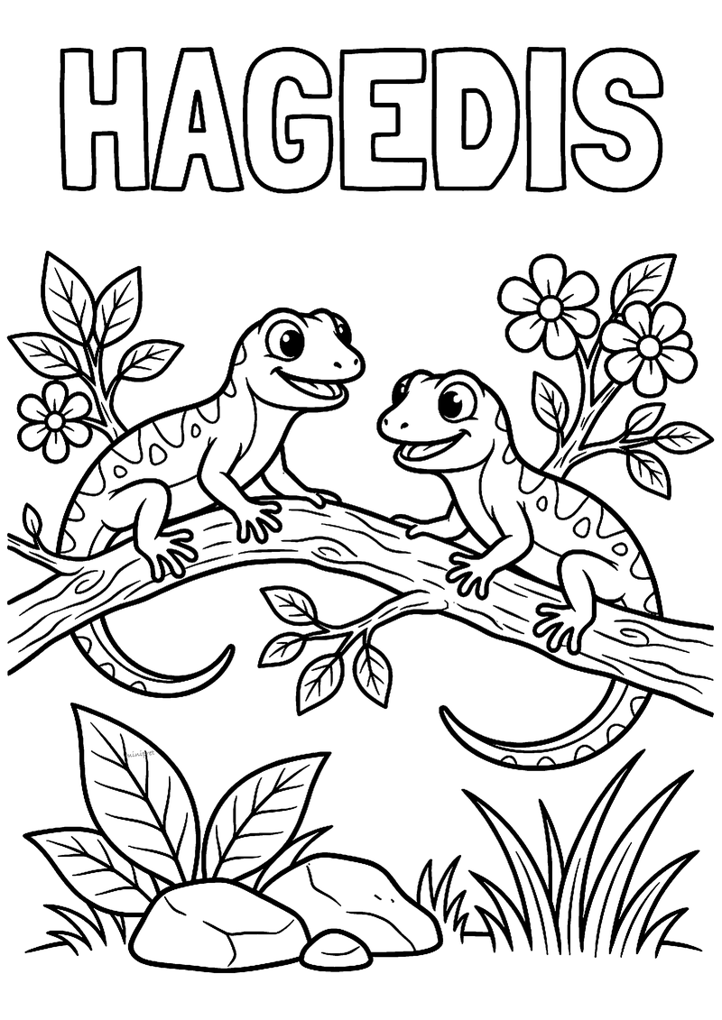 Kleurplaat van twee lachende hagedissen met vlekken die elkaar aankijken op een tak, met bloemen, gras en stenen