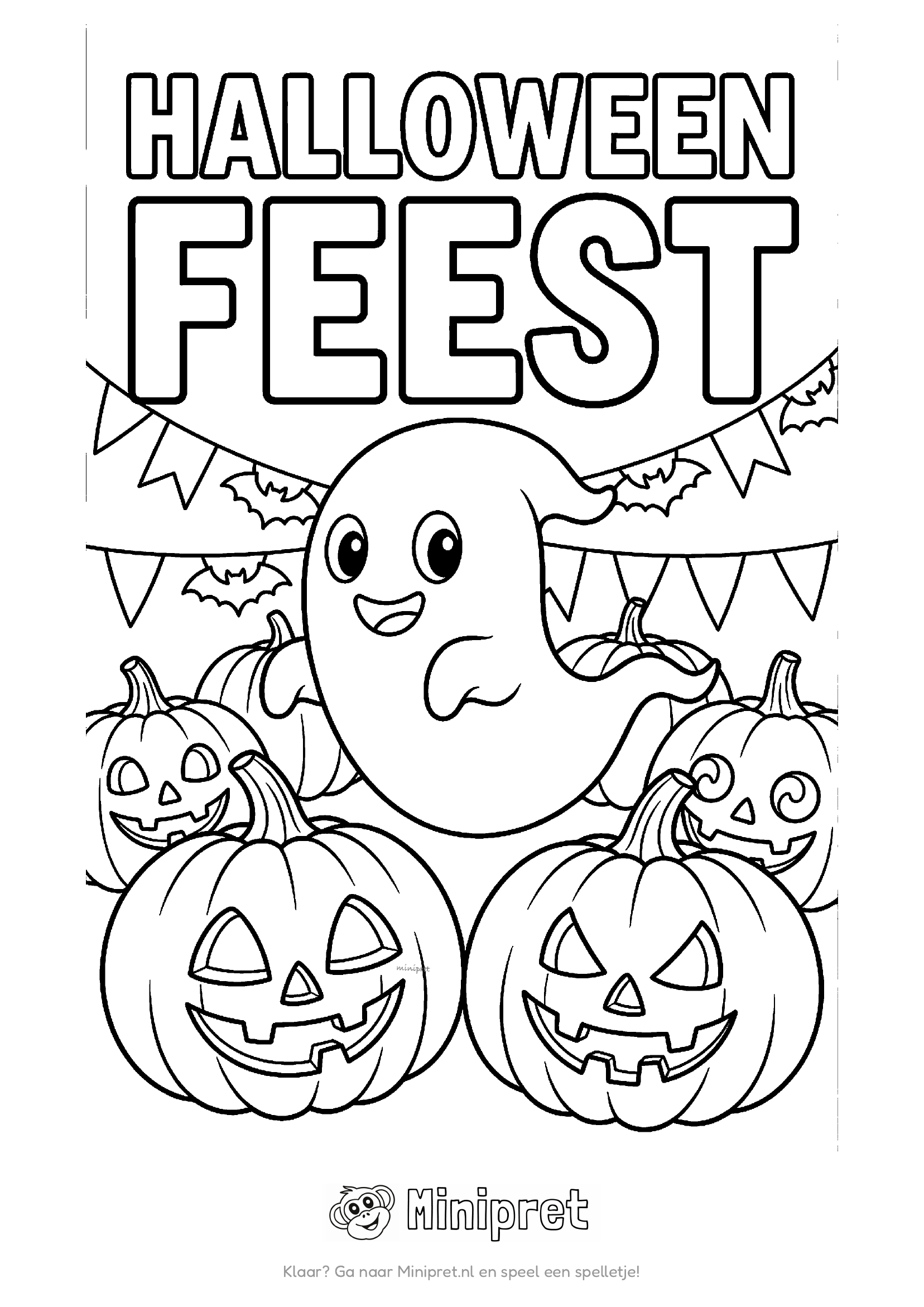 Halloween feest kleurplaat — kinderen op een Halloween-feestje met taart, pompoen-lampionnen en slingers