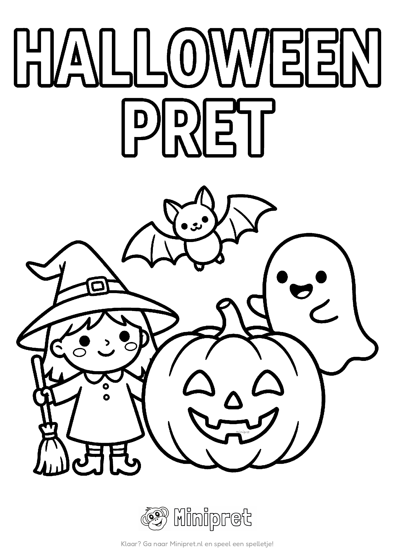 Halloween groepsscene kleurplaat — groep verklede kinderen — heks, spook, vampier — staan samen voor een griezelig huis