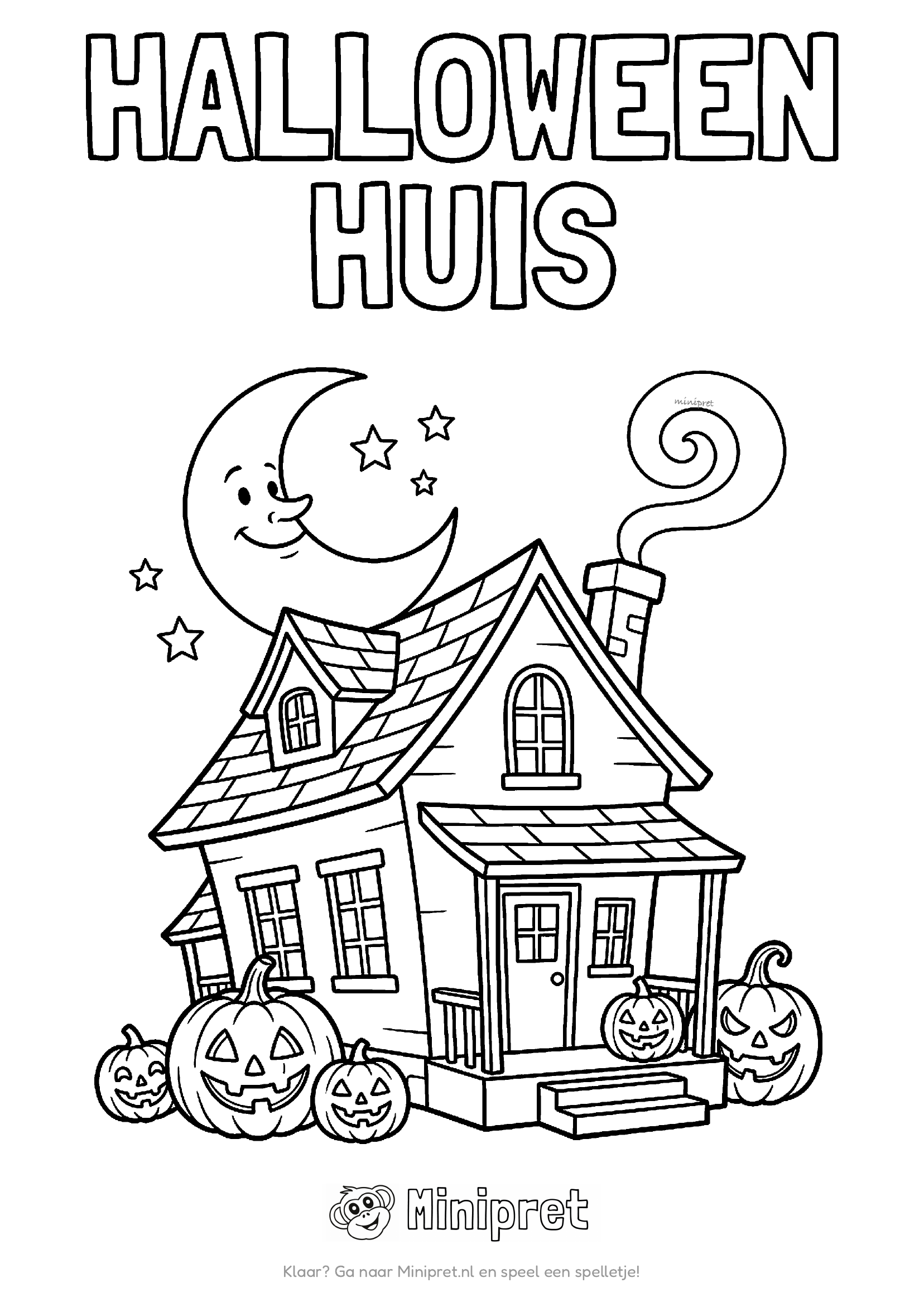 Halloween huis kleurplaat — oud spookhuis met vleermuizen erboven en pompoenen op het pad ervoor