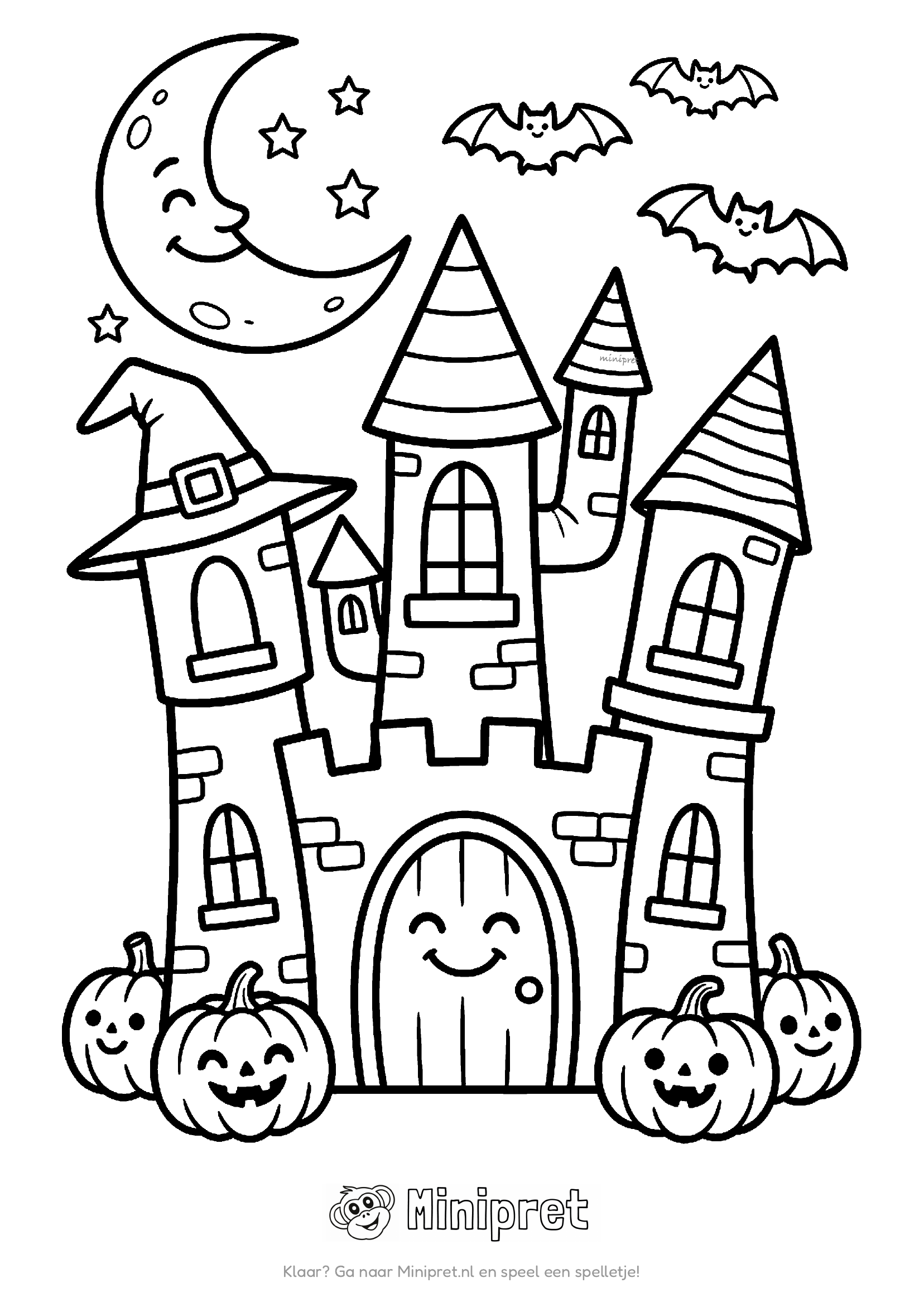 Halloween kasteel kleurplaat — gotisch kasteel met spitse torens, vleermuizen en volle maan erboven