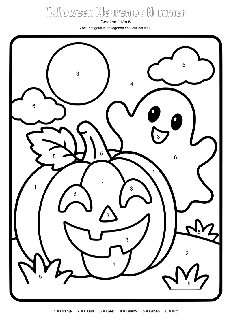 Kleurplaat van een lachende Halloween pompoen met een vriendelijk spookje, maan en wolken, met cijfers