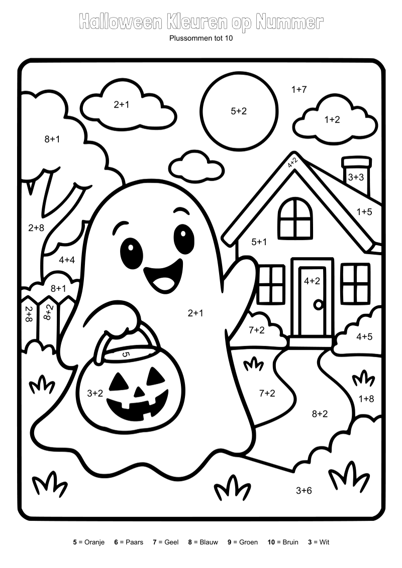 Kleurplaat van een spookje met een pompoenemmer dat langs de deuren gaat bij een huis, met sommen