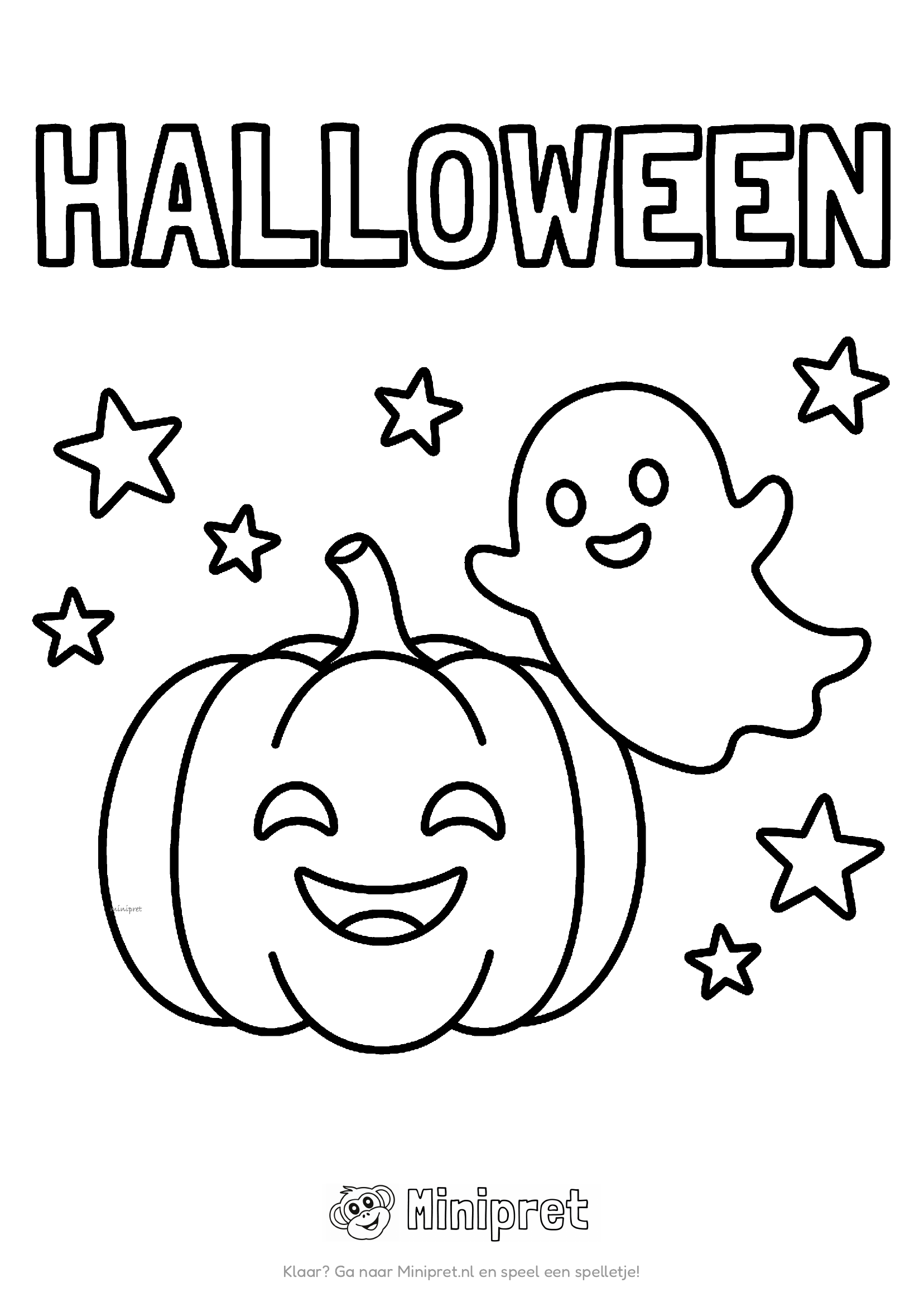 Halloween kleurplaat — klassieke Halloween-mix met lampionpompoen, spook, kat en vleermuizen