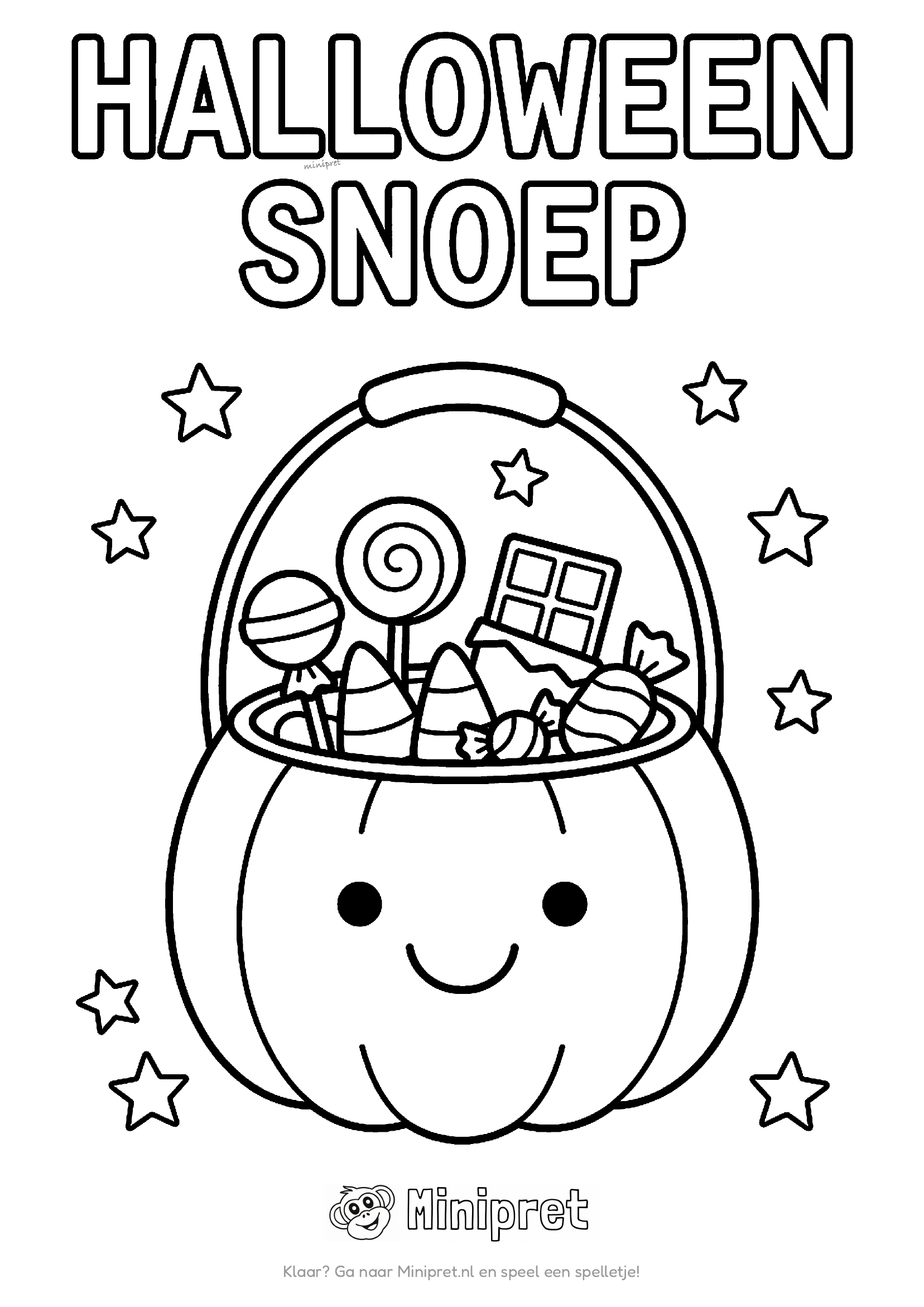 Halloween snoep kleurplaat — mand vol Halloween-snoep — pompoen-koekjes, gummi-spookjes en chocolade-vleermuizen