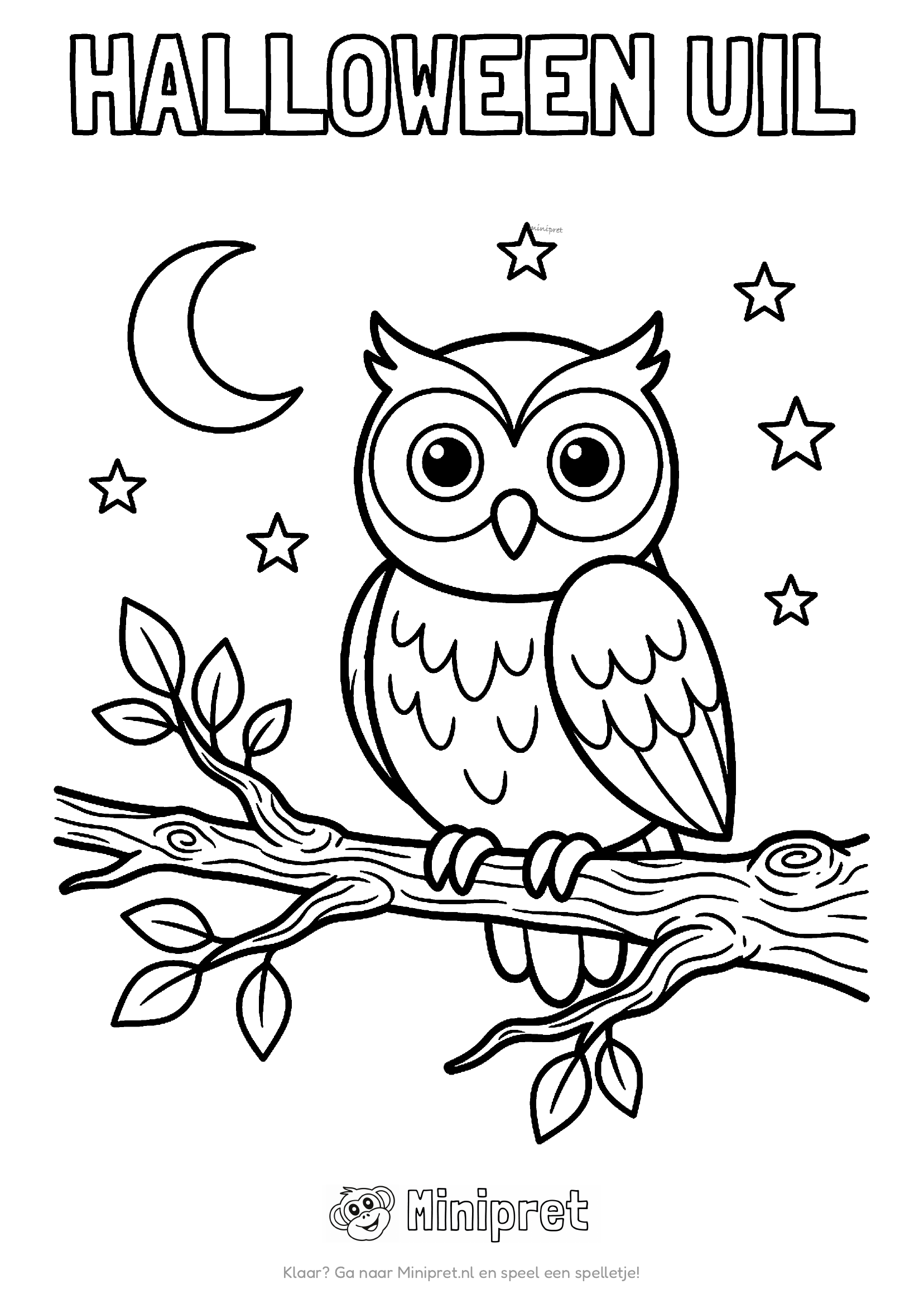 Halloween uil kleurplaat — uil zit op een dorre tak voor een volle maan, met vleermuisjes eromheen