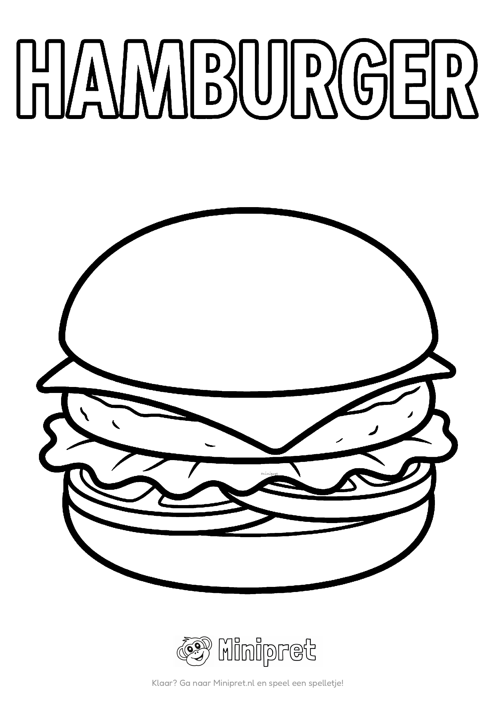 Hamburger als kleurplaat: klassieke hamburger met sla, tomaat en kaas in een sesambroodje