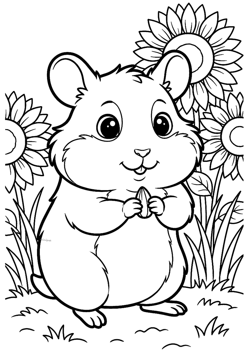 Kleurplaat van een hamster die rechtop staat met een zonnebloempit in zijn pootjes, tussen grote zonnebloemen
