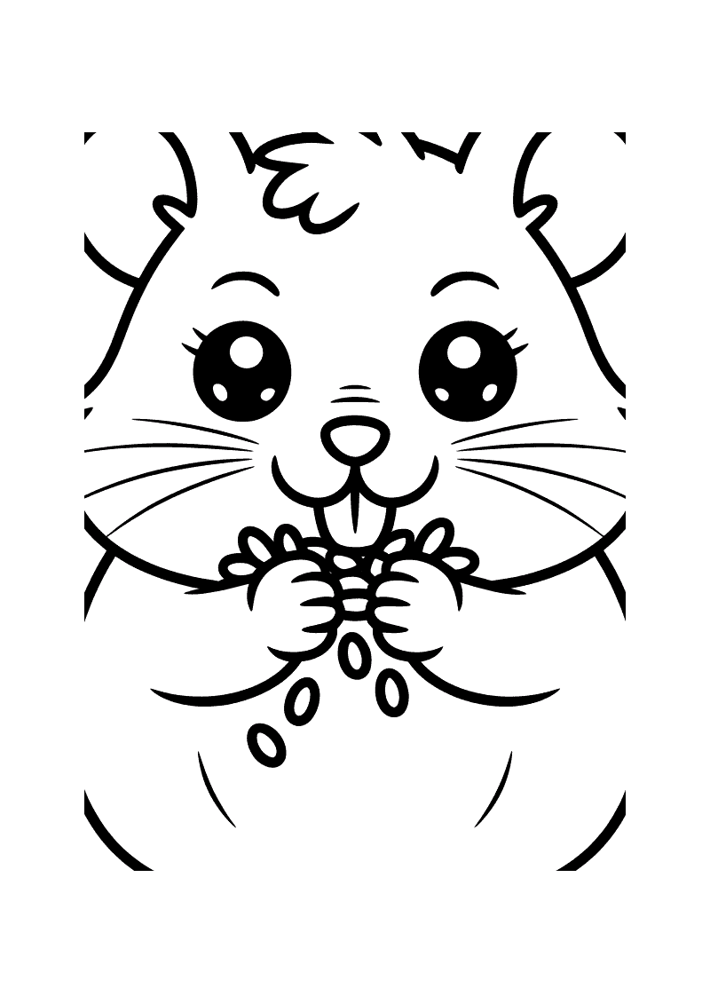 Kawaii close-up kleurplaat van een hamster met grote ogen en bolle wangen die een zaadjesbol vasthoudt en eet, snorharen