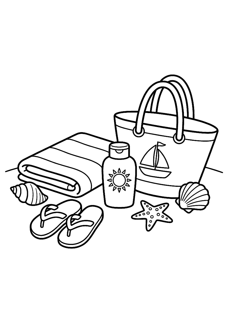 Handdoek Slippers Zonnebrand en Strandtas Zomervakantie Kleurplaat — gratis kleurplaat