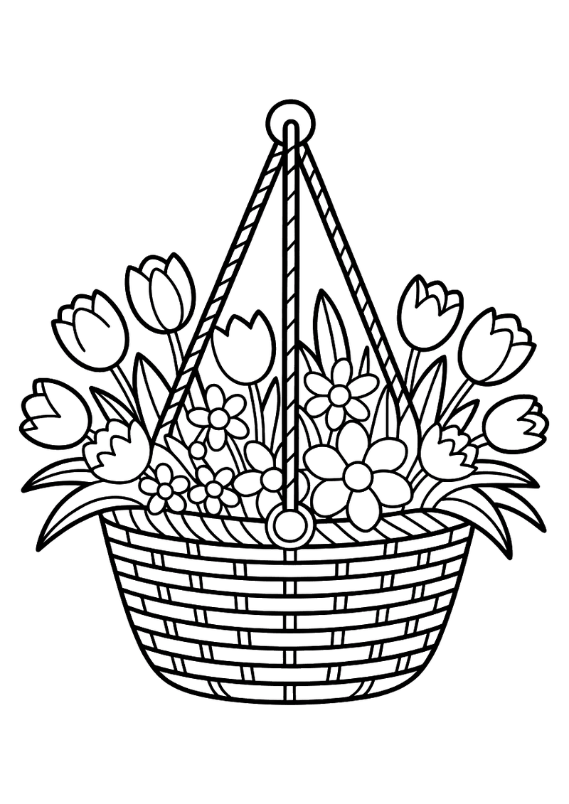 Kleurplaat van een gevlochten rieten hangmand gevuld met tulpen, hortensia's en andere lentebloemen