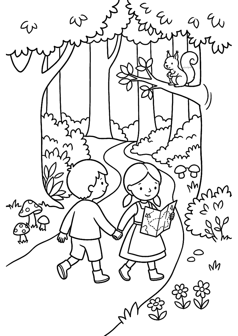Kleurplaat van Hans en Grietje hand in hand op een bospad, met een eekhoorn en paddenstoelen