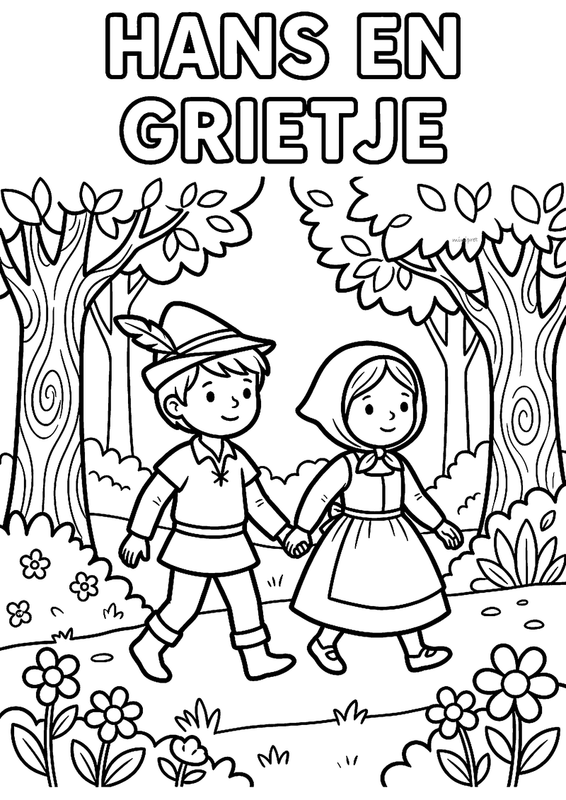 Kleurplaat van Hans en Grietje die hand in hand door het bos lopen, met de titel in grote letters erboven