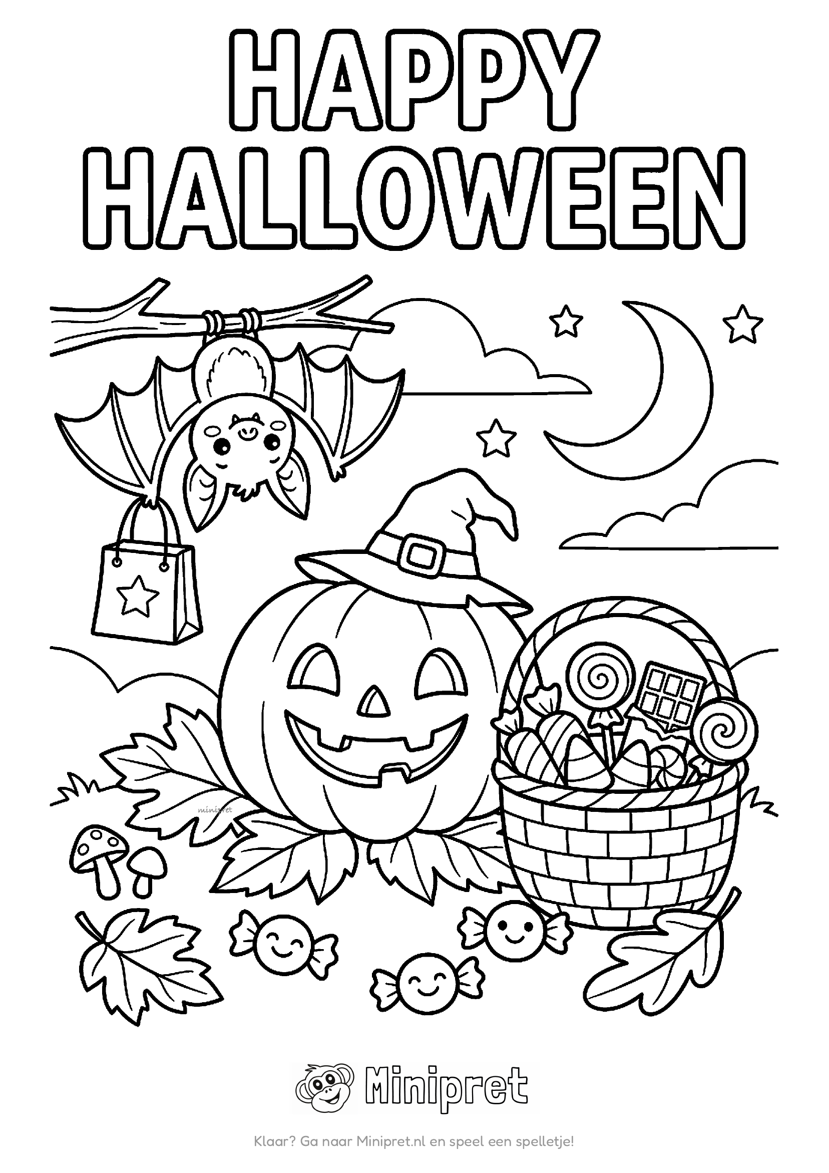 Happy Halloween kleurplaat — vrolijke "Happy Halloween"-tekst met pompoenen, spookjes en sterren eromheen