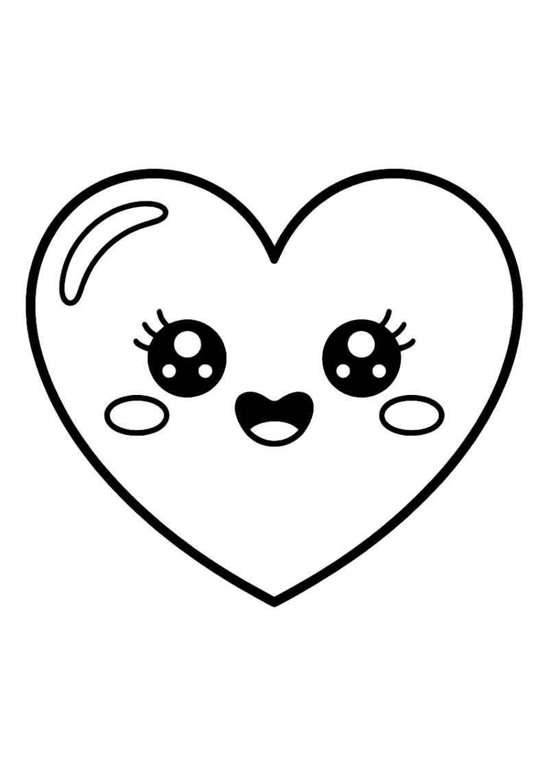 Kawaii kleurplaat van een groot lachend hart met grote wimperoogjes, roze wangetjes en een vrolijke open mond