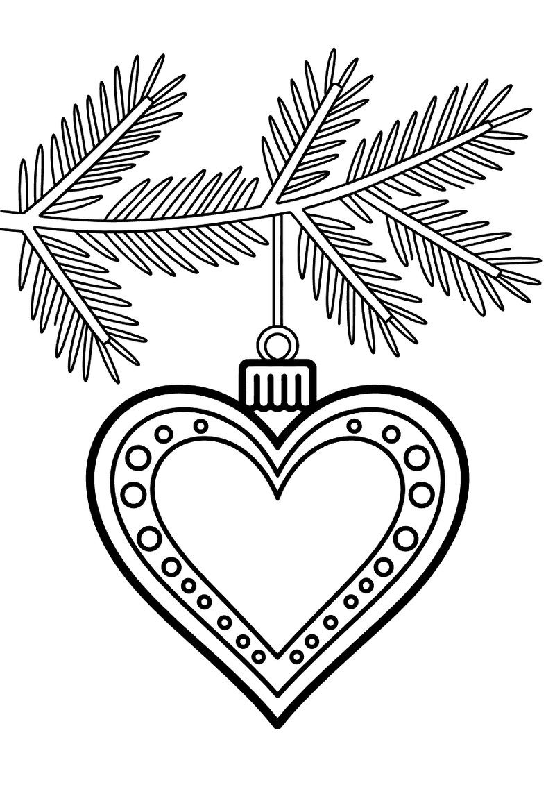 Kleurplaat van een hartvormige kerstbal met decoratieve rand die aan een dennentakje hangt