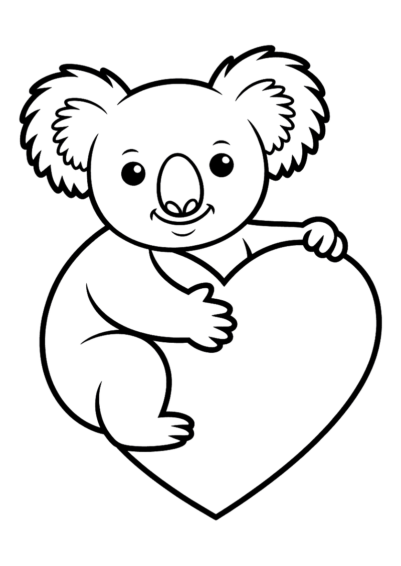 Kleurplaat van een schattige koala die met beide voorpootjes een groot hart omklemt en vriendelijk glimlacht