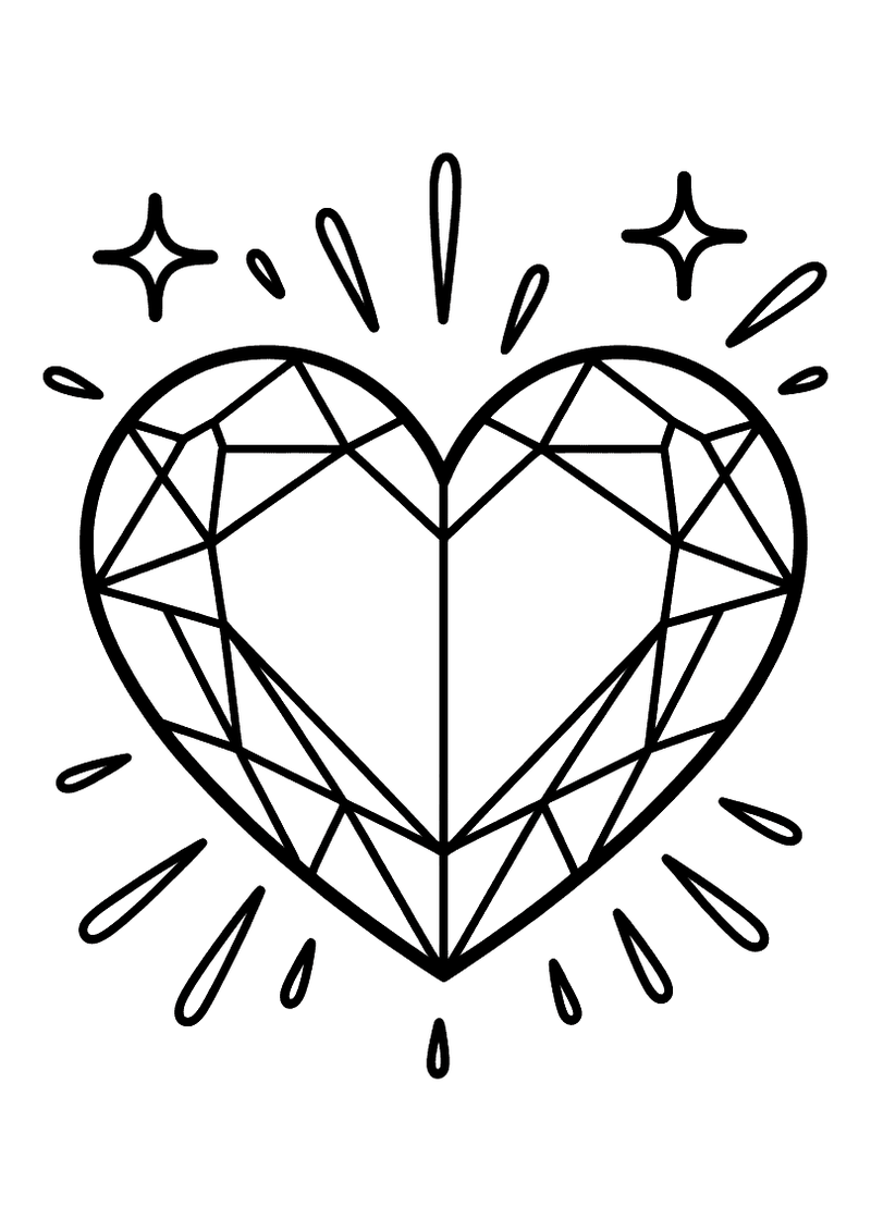 Kleurplaat van een hartvormige kristallen diamant met geometrische facetten en vonkjes die aan alle kanten uitstralen