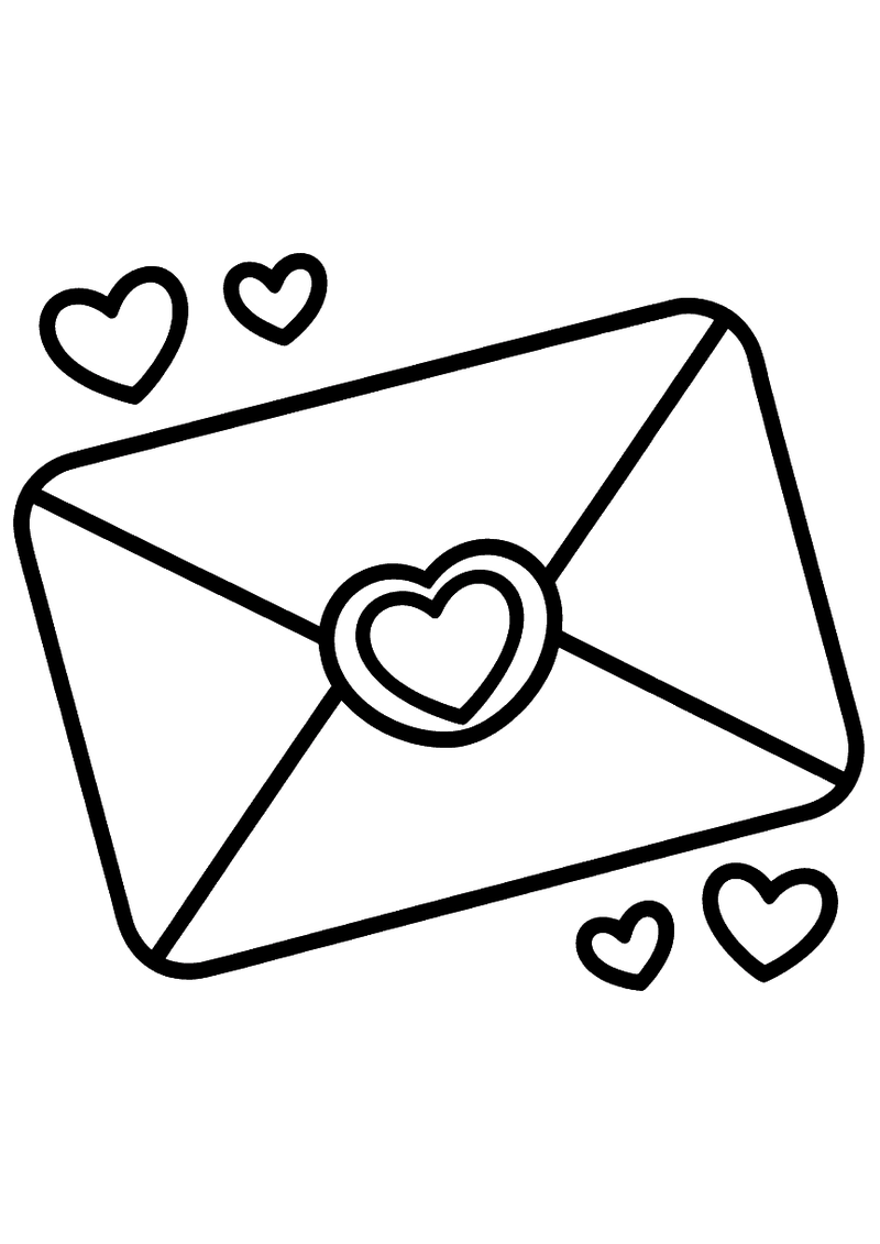 Kleurplaat van een schuingehouden envelop verzegeld met een dubbel hartje, omgeven door kleine zwevende hartjes