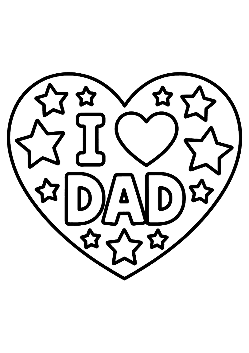 Kleurplaat van een groot hart met de tekst I LOVE DAD en sterren verspreid over het hart, als cadeau voor Vaderdag