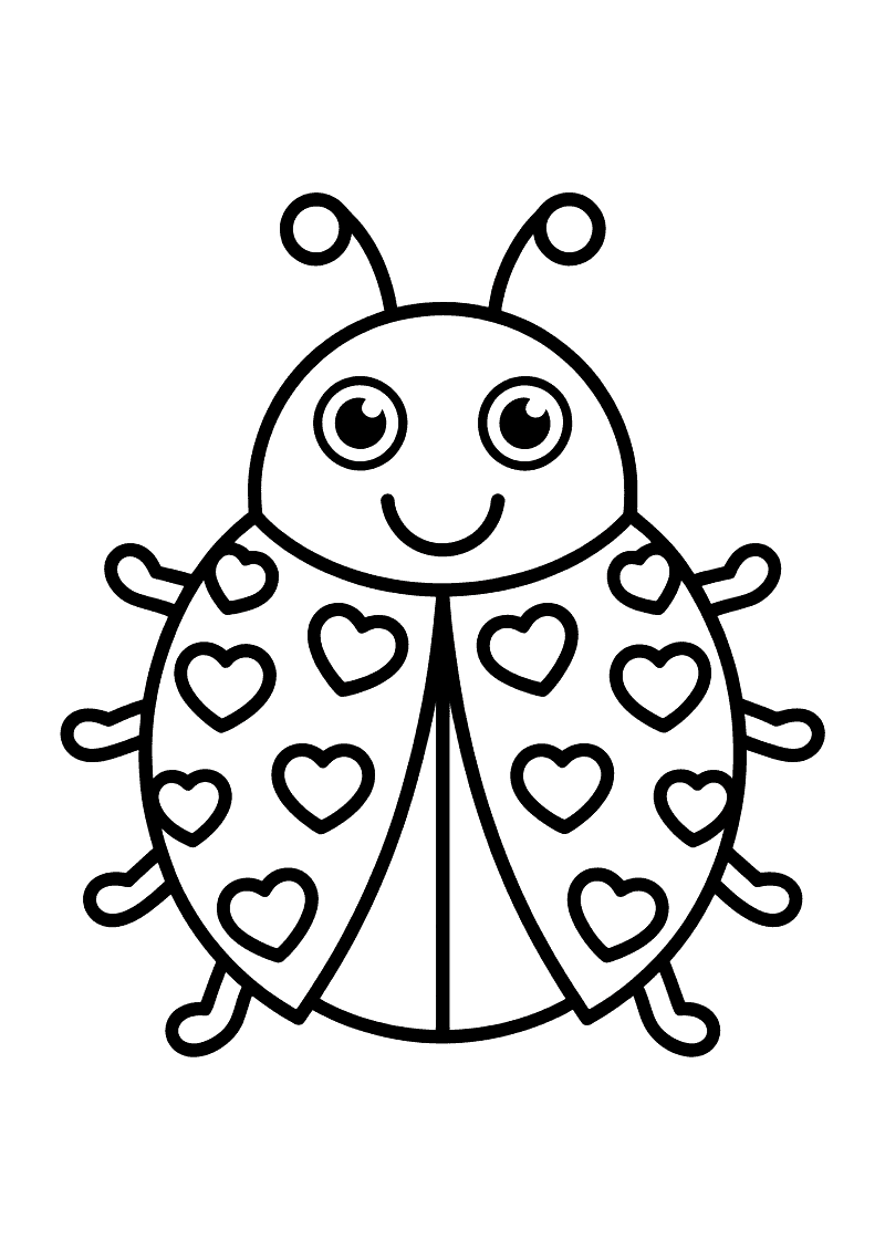 Kleurplaat van een lachend lieveheersbeestje met hartjesvormige vlekken op zijn vleugels en twee krullende antennes