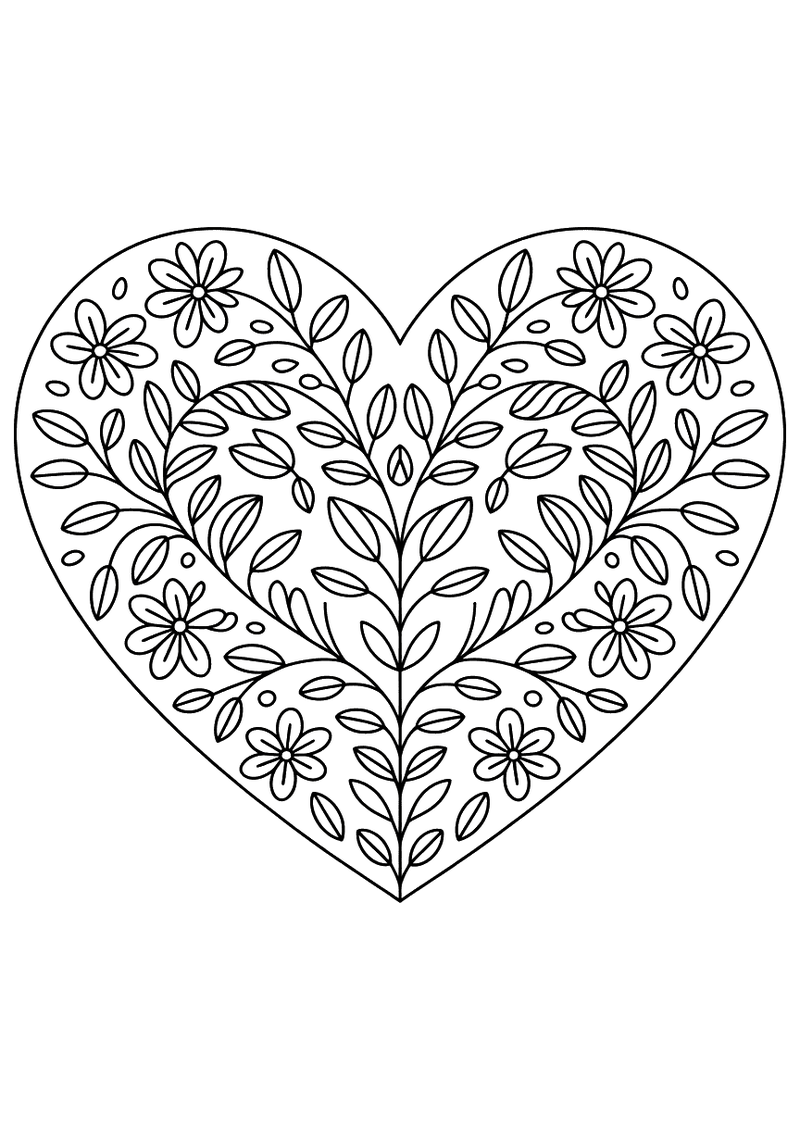 Kleurplaat van een hartvorm gevuld met een symmetrisch patroon van bladeren, bloemen en kronkelende takjes in mandala st