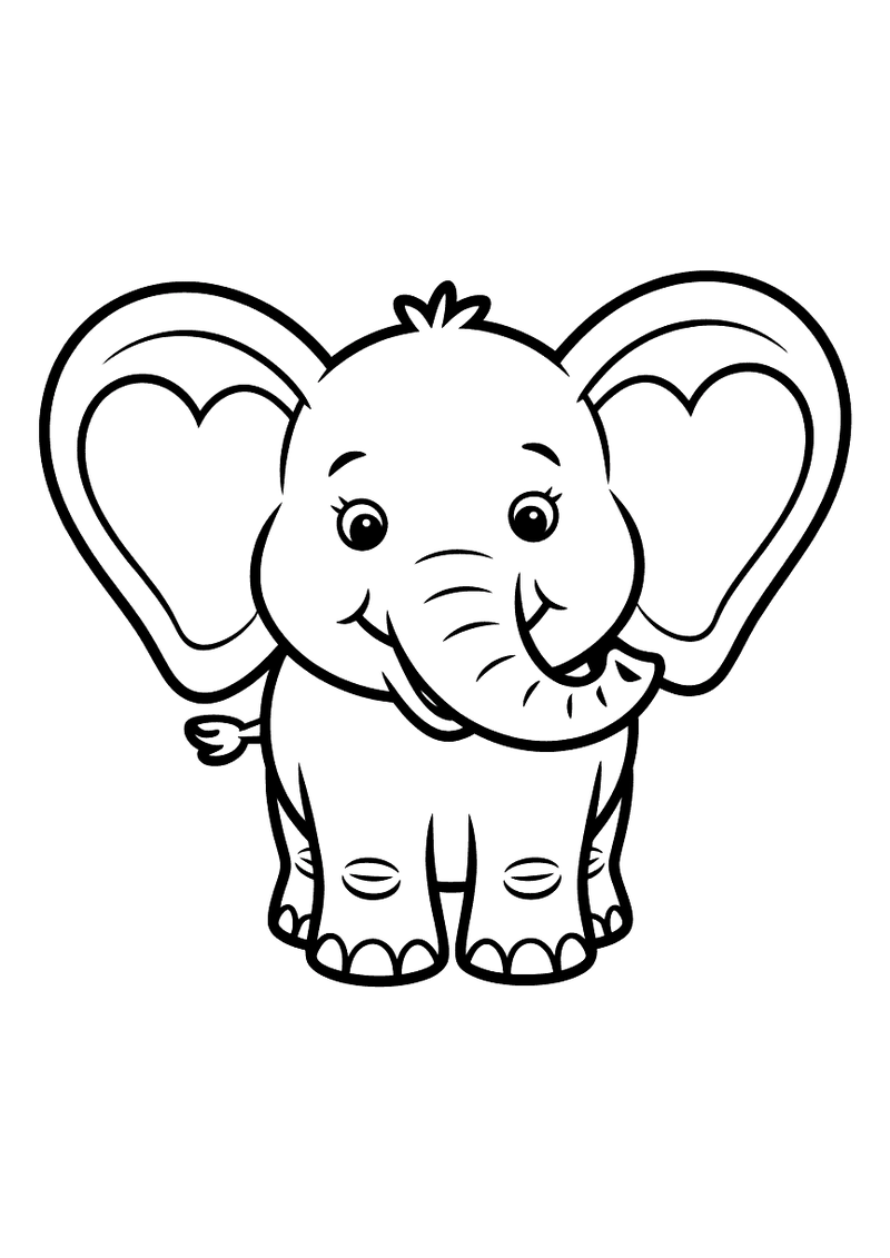 Kleurplaat van een lachende baby-olifant die zijn hartvormige oren breed uitspreidt en vrolijk kijkt