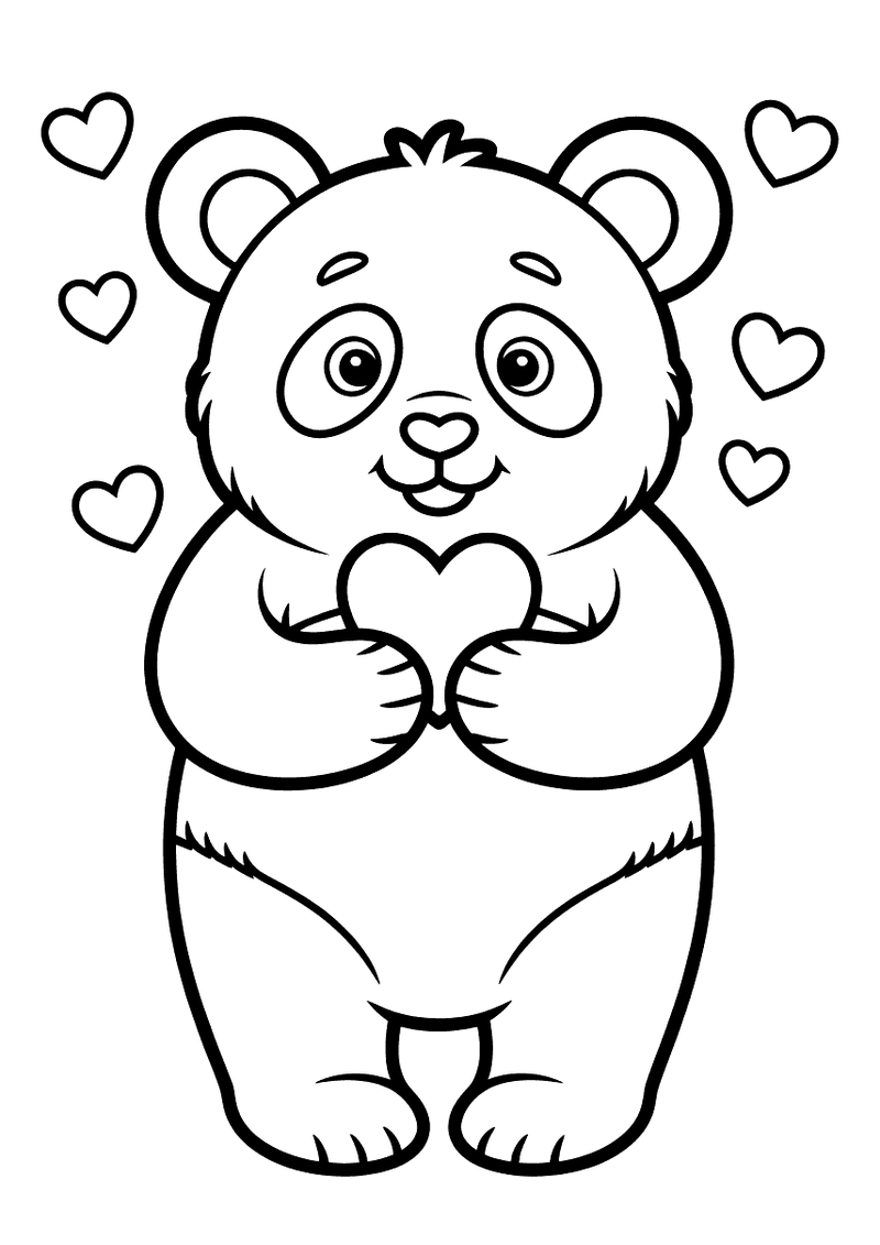 Kleurplaat van een schattige panda die rechtop staat en een klein hart omhooghoudt, omgeven door kleine zwevende hartjes