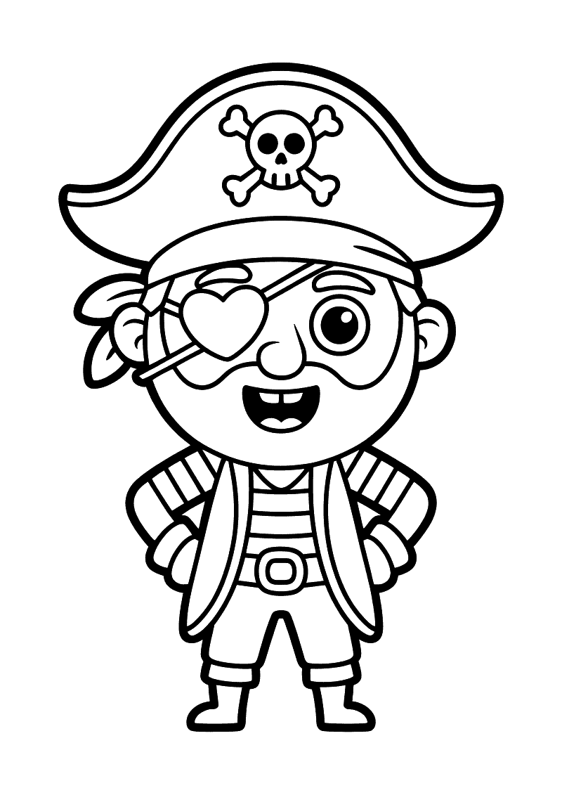 Kleurplaat van een lachende piratenjongen in gestreept shirt met een hartvormig ooglapje en een hoed met doodskop