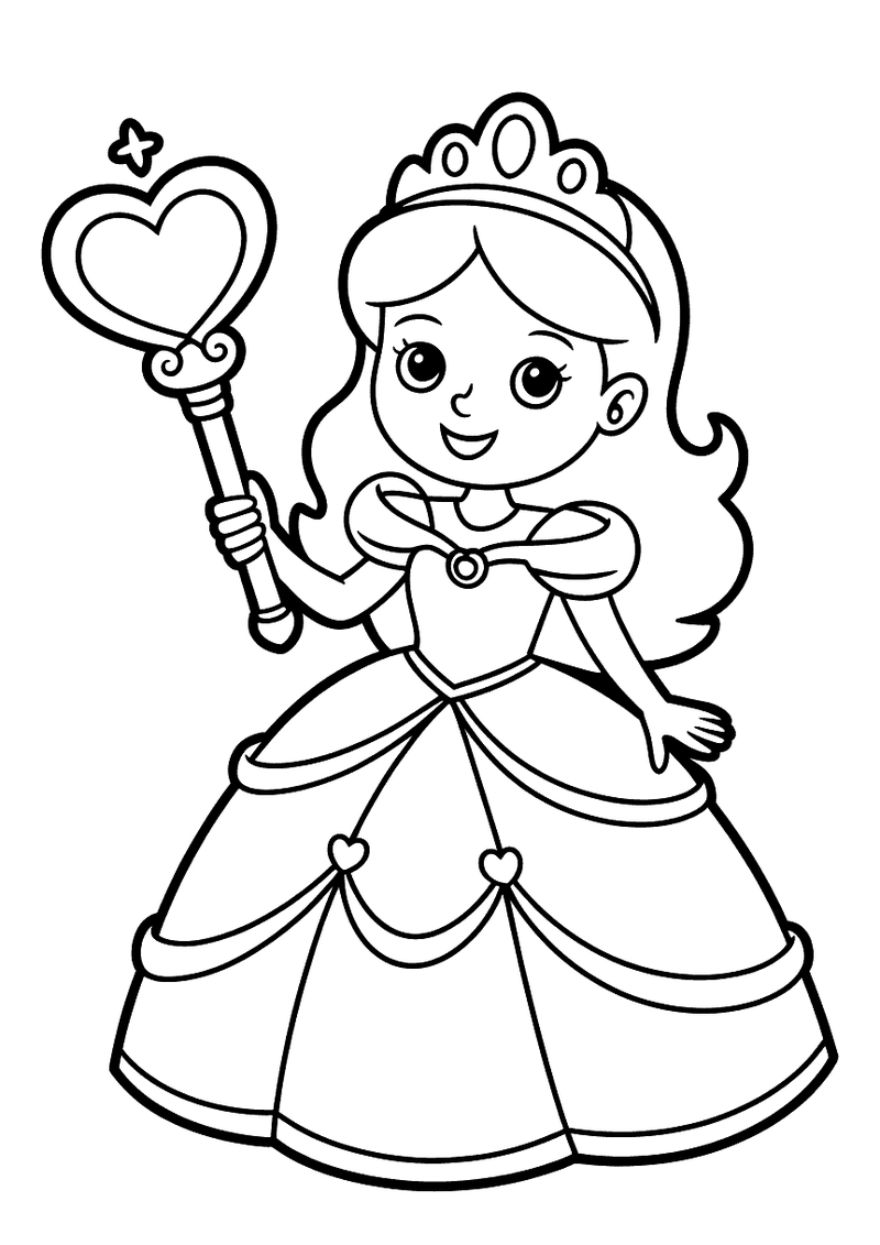 Kleurplaat van een lachende prinses in een baljurk met tiara die een hartvormige scepter omhoogsteekt
