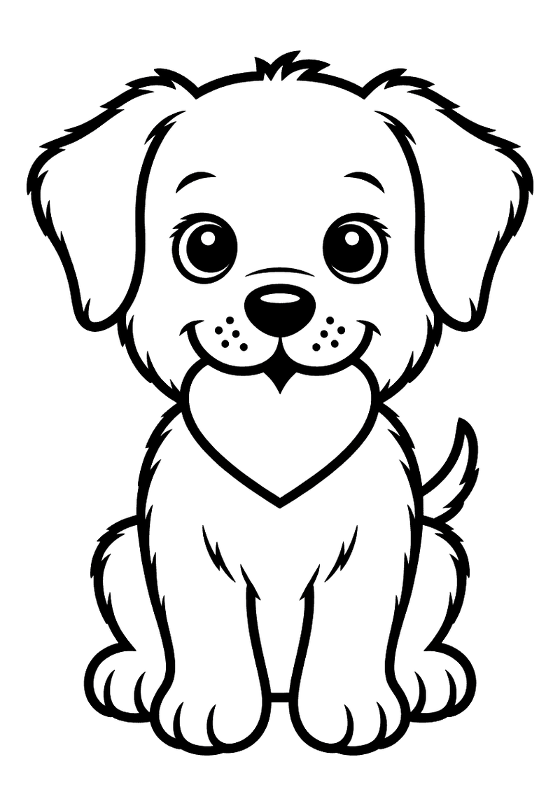 Kleurplaat van een schattige zittende puppy met grote ogen en flaporen die een klein hartje in zijn bek houdt