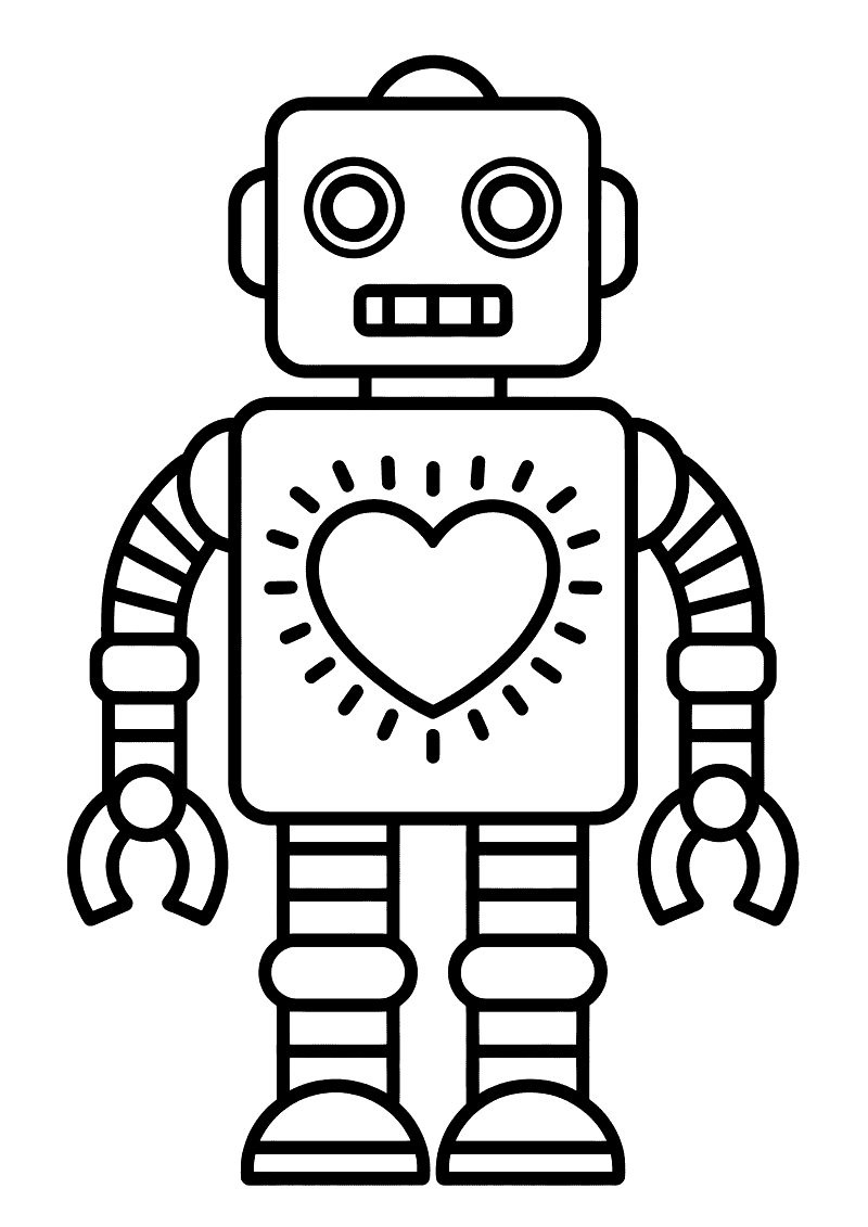 Kleurplaat van een vierkante retro-robot die rechtop staat met een groot stralend hart in het midden van zijn borst