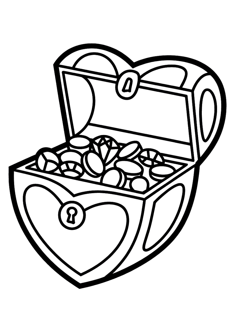 Kleurplaat van een open hartvormige schatkist gevuld met munten, diamanten en edelstenen met een sleutelgat aan de voorz