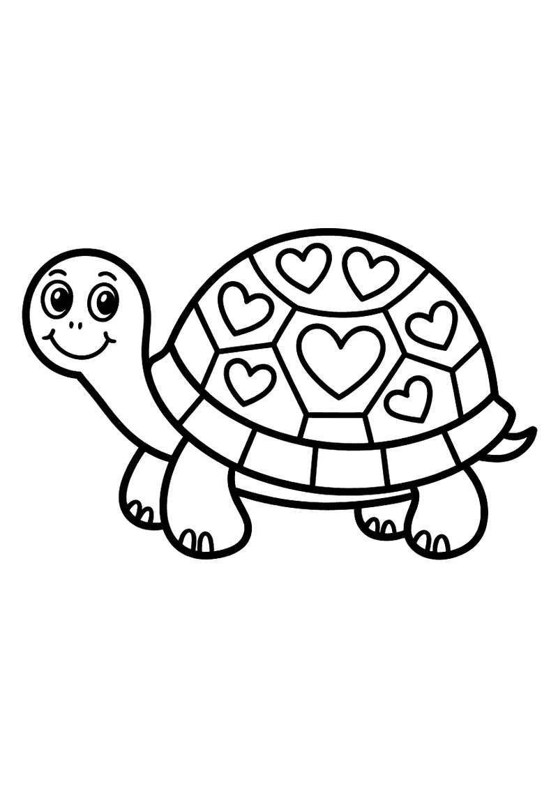 Kleurplaat van een lachende schildpad op zijaanzicht met een schild bedekt met hartjes van verschillende groottes