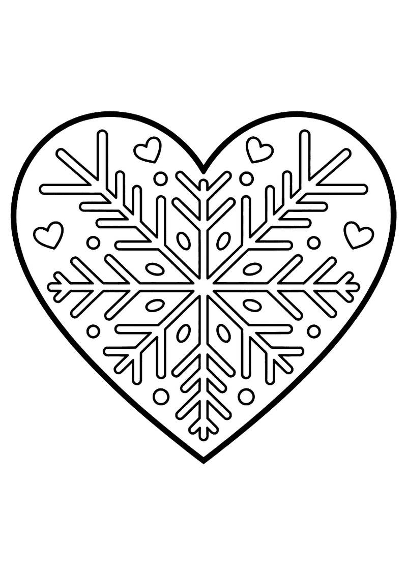Kleurplaat van een hart gevuld met een symmetrisch sneeuwvlokpatroon met kleine hartjes in de hoeken van de hartrand