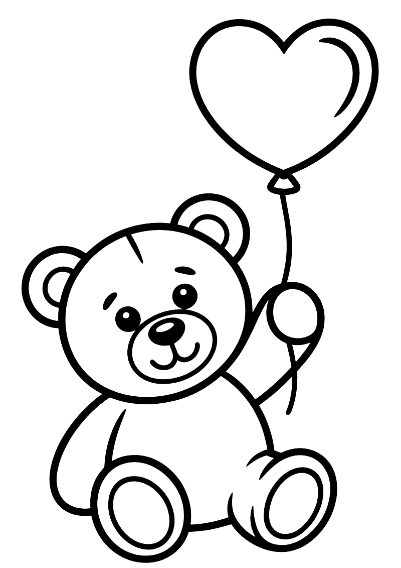 Kleurplaat van een lachende teddybeer die zit en een hartvormige ballon aan een touwtje vasthoudt