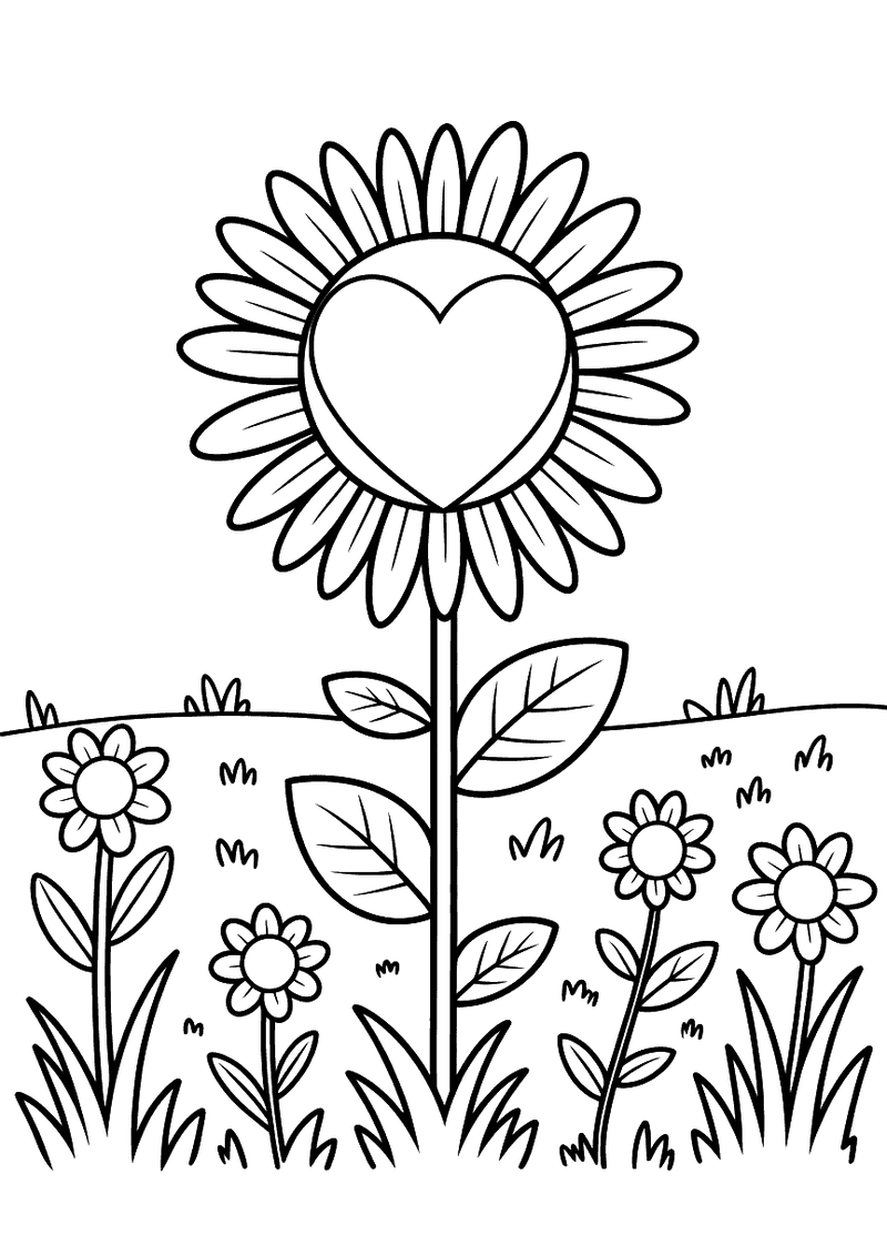 Kleurplaat van een grote zonnebloem waarvan het midden een hartvorm heeft, staand in een bloemenveld met kleinere bloeme
