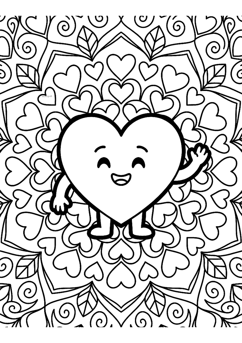 Kleurplaat van een mandala met een zwaaiend lachend hartje in het midden, omringd door hartjes en krullen