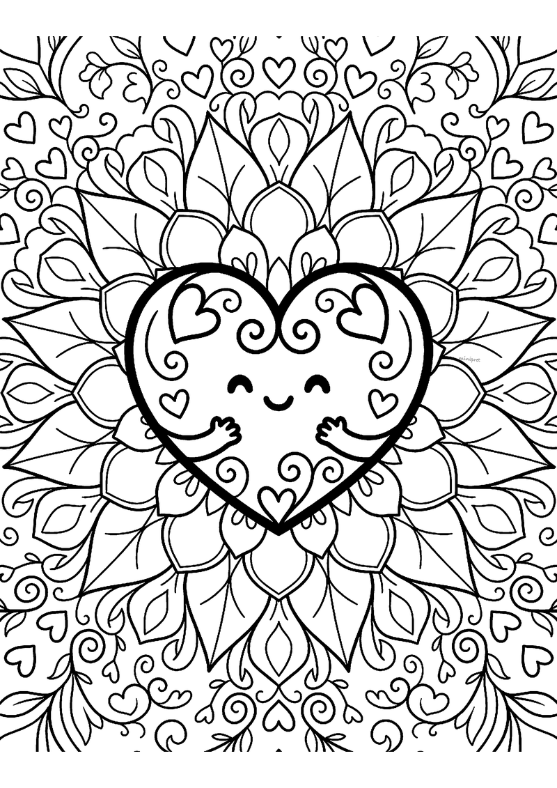 Kleurplaat van een mandala met een lachend hart vol krullen in het midden, omringd door bloembladen en kleine hartjes