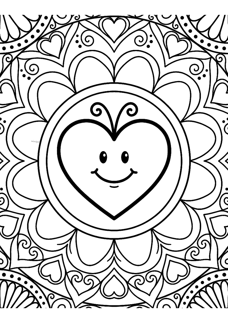 Kleurplaat van een harten mandala met een lachend hart in het midden, bloemblaadjes, kleine hartjes en stippen