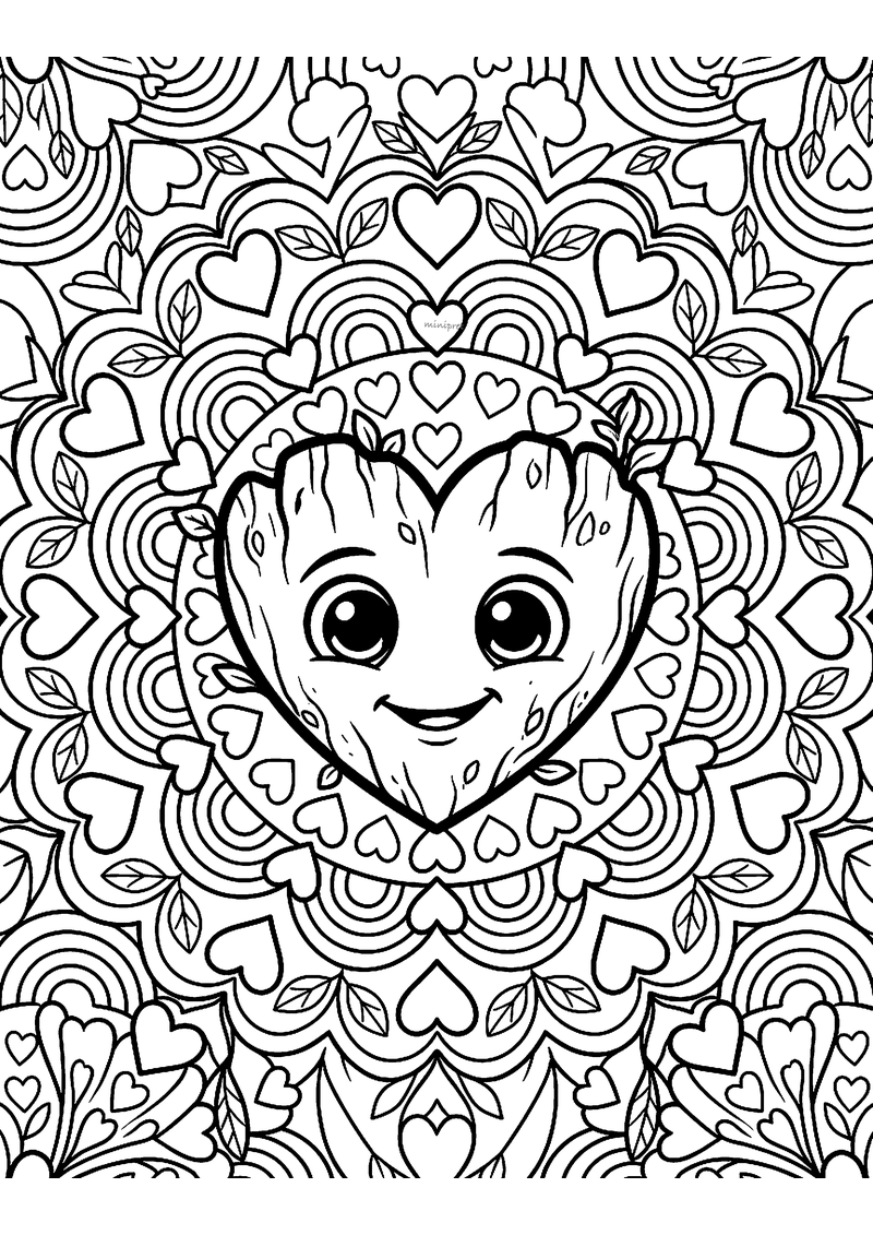 Kleurplaat van een mandala met in het midden een houten hartje met gezichtje, omringd door hartjes, blaadjes en bogen