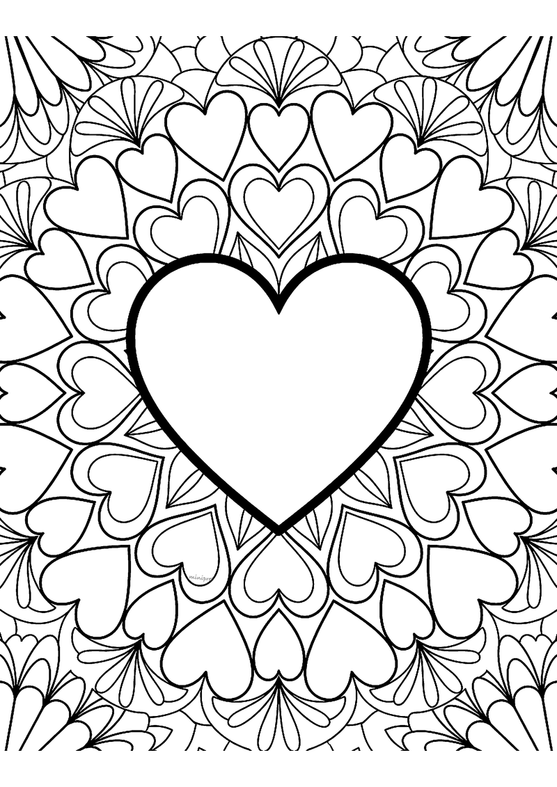 Kleurplaat van een mandala met een groot hart in het midden en ringen van kleine hartjes die samen een bloemvorm maken